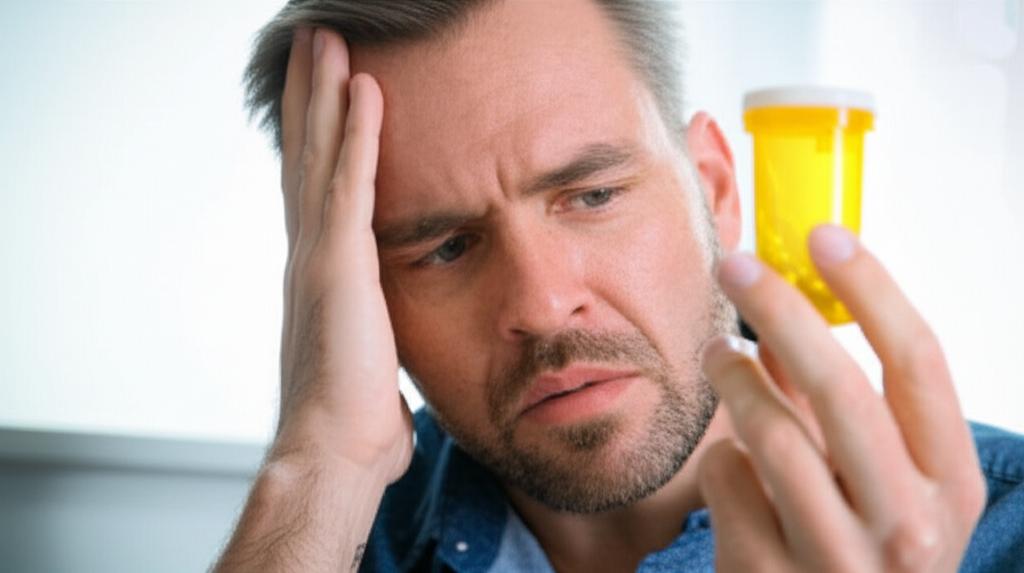 Man looking thoughtfully at a pill bottle, with a frustrated expression, depicting the struggles with medication side effects.