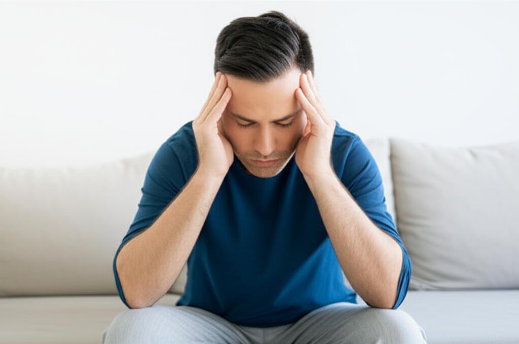 A man sitting alone, looking stressed and holding his head, suggesting discomfort or headache after taking medication.
