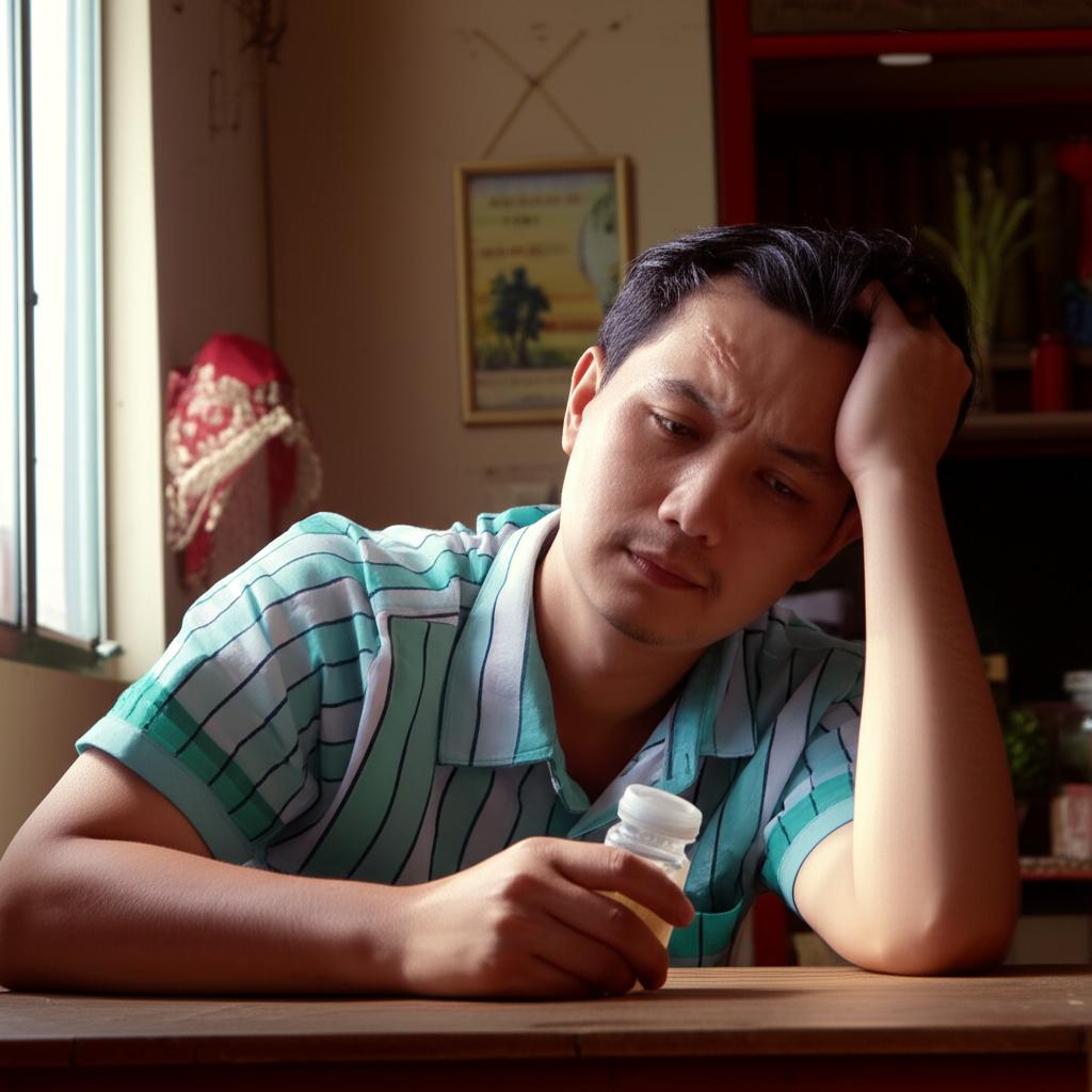 Frustrated man in Thailand looking at a pill bottle, feeling dependent on medication