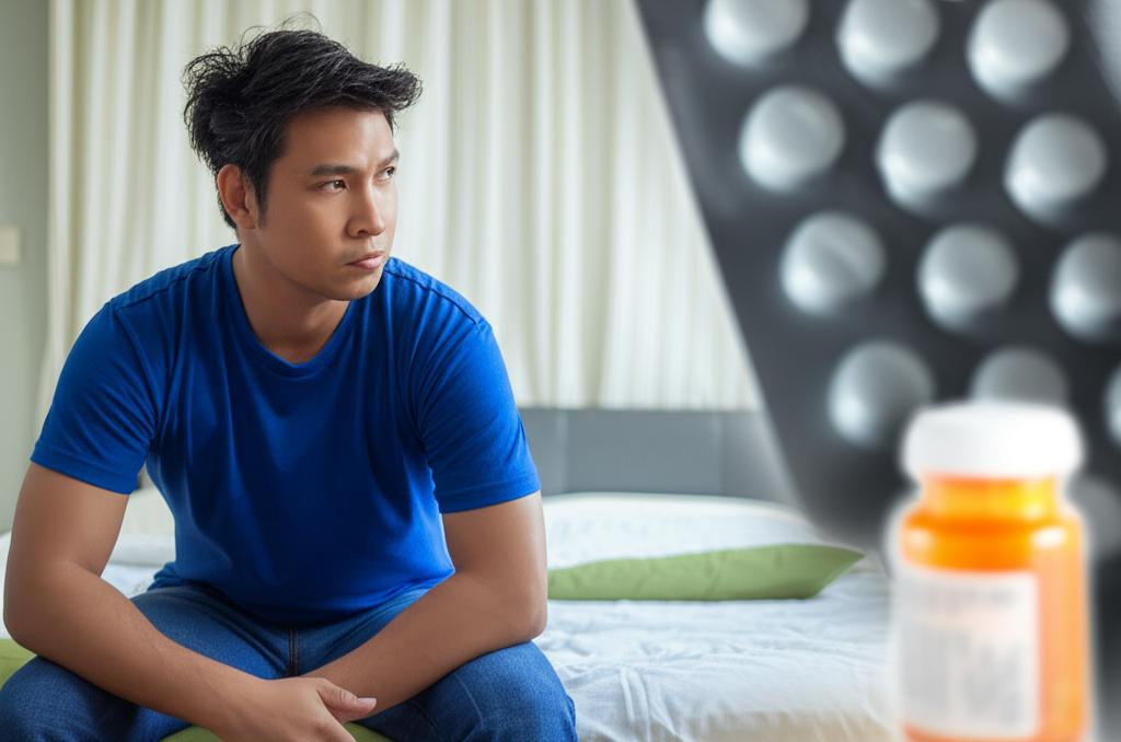ai prompt: A man in Thailand looking thoughtful or slightly frustrated in a bedroom setting, with subtle symbols of medication in the background, representing the dilemma of side effects.
