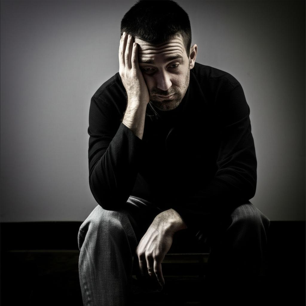 A man sitting alone looking stressed and disappointed, low energy, dark colors, realistic photo