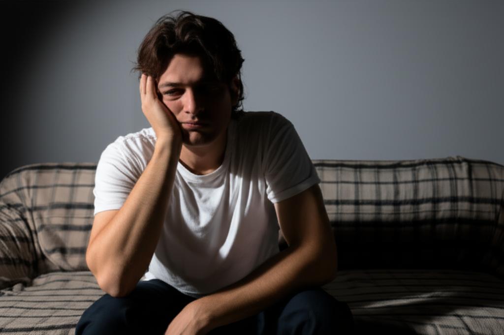 A man sitting on a sofa looking tired and stressed, representing the decline in energy and vitality after marriage.