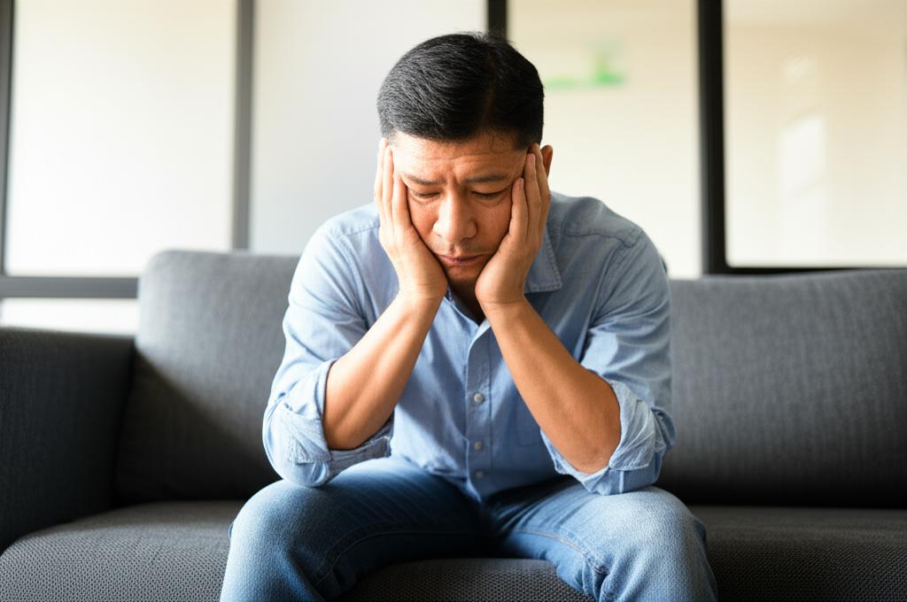 AI prompt: A middle-aged Asian man looking tired and stressed, sitting on a sofa in a modern Thai home, head in hands, muted colors, realistic photo
