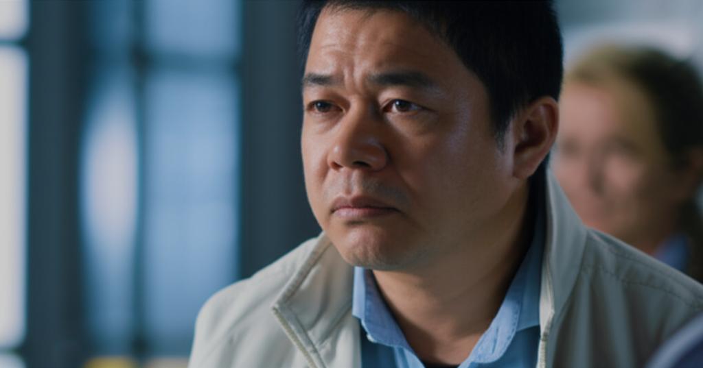 AI prompt: A man in his late 30s or 40s in Thailand, looking slightly tired and feeling a chill, perhaps wearing a light jacket indoors, with a worried expression. Soft, slightly cool lighting.