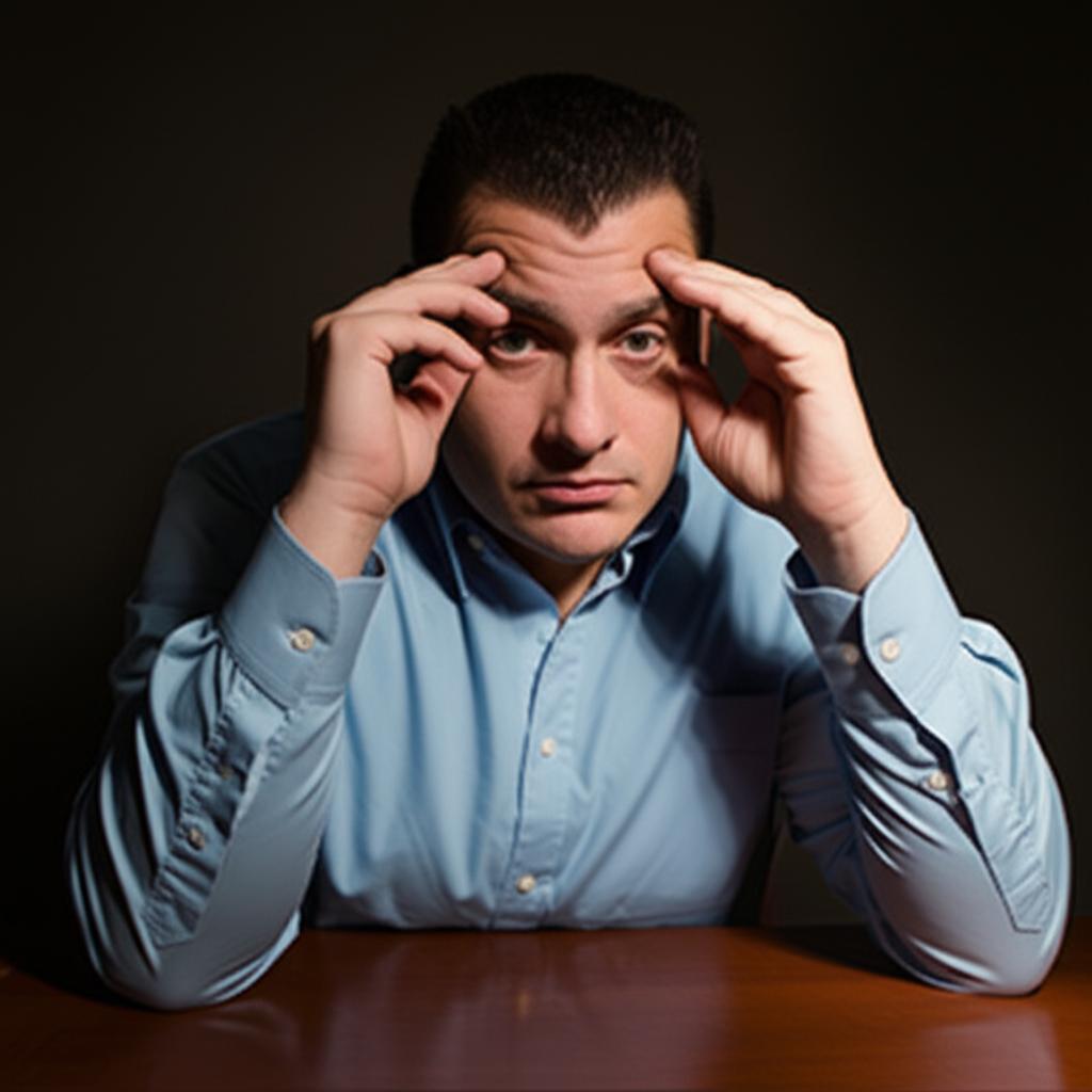 A man in his late 30s or early 40s looking tired and rubbing his temples, sitting at a desk with dim lighting, conveying fatigue and stress.