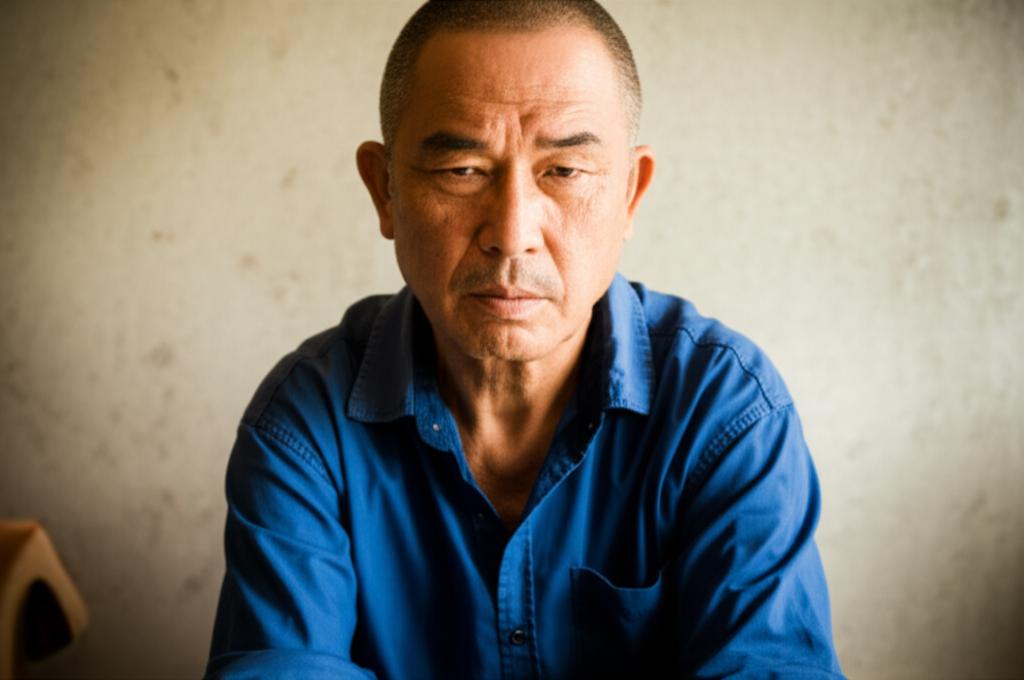 A middle-aged man in Thailand looking tired and stressed, sitting alone, low energy, muted colors, realistic photo