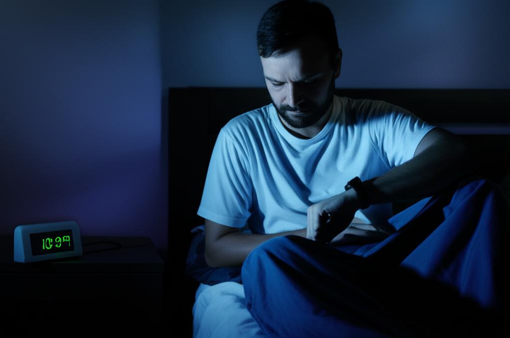 Prompt for AI image: A man looking tired and checking his watch in a dimly lit bedroom at night, representing disrupted sleep due to frequent urination.