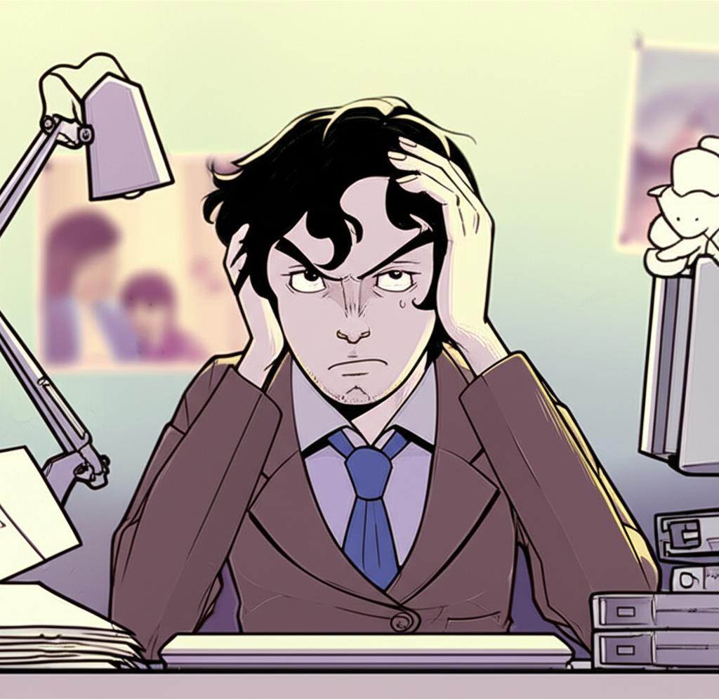 An exhausted office worker sitting at a desk, looking stressed and disappointed, with subtle hints of relationship strain in the background, digital art