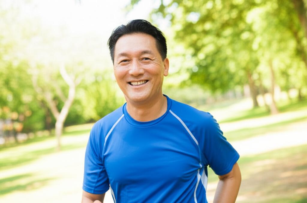 AI prompt: Realistic photo of a smiling middle-aged Asian man looking energetic and confident, perhaps doing a light activity like walking in a park. Bright, positive lighting.