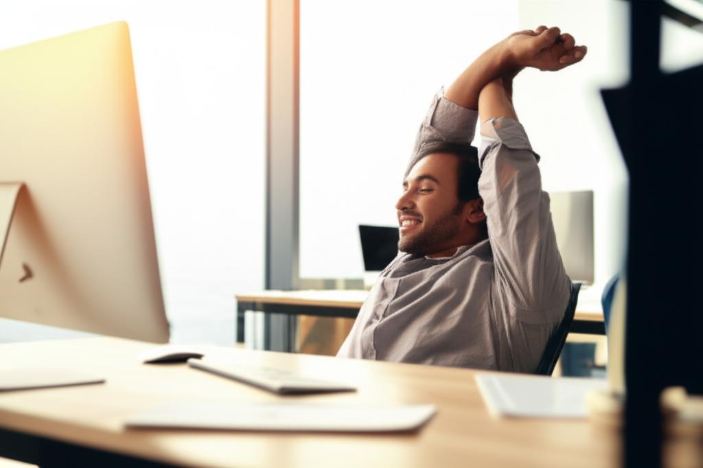 prompt: realistic image of a man smiling and looking refreshed, stretching at his desk in the morning sun, feeling energetic and comfortable