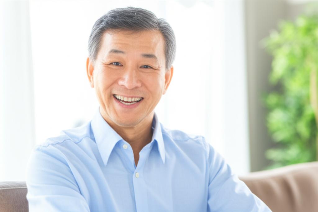 portrait of a middle-aged Asian man smiling, looking healthy and relaxed in a bright, comfortable setting