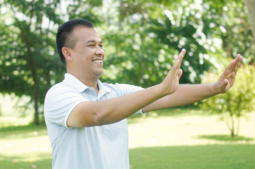 Middle-aged Thai man smiling and looking energetic, enjoying a morning activity like tai chi in a park, representing improved health and mood after resolving prostate issues
