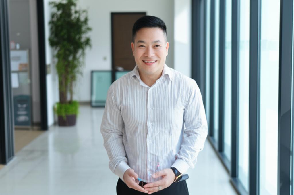 A smiling Thai man, appearing healthy and relaxed, standing confidently in a modern office environment, representing improved well-being.