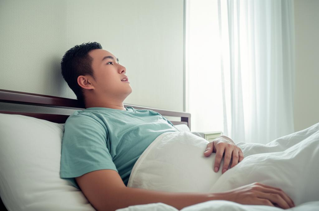 AI prompt: A relieved Asian man in Thailand waking up refreshed in his bed in the morning, sunlight streaming in, looking happy and well-rested, realistic style