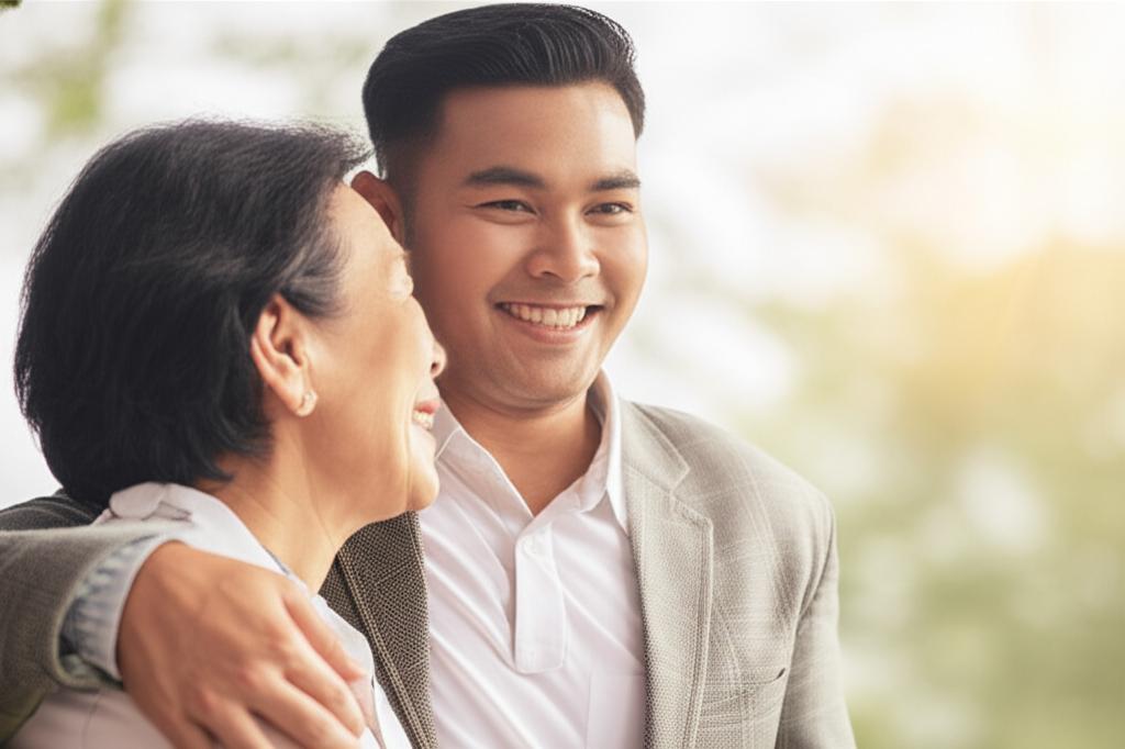 Happy energetic Thai man smiling with his partner, looking healthy and vital, warm lighting, realistic photo