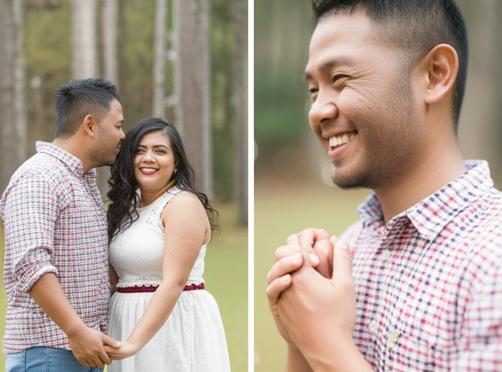 A couple holding hands and smiling, looking happy and connected, soft focus, realistic photo