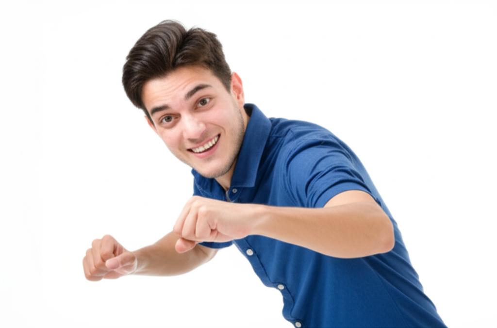 Man looking energetic and happy, smiling, dynamic pose, natural lighting, realistic photo