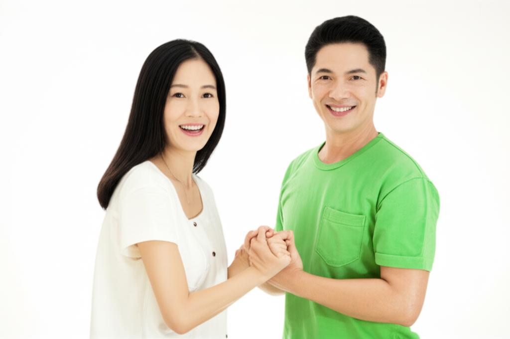 A middle-aged Asian couple in Thailand smiling and holding hands, looking happy and connected, warm lighting, realistic style