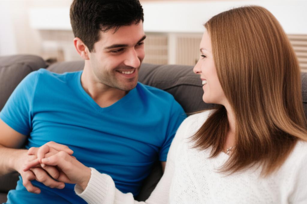 A couple holding hands and smiling at each other, sitting close on a sofa, showing warmth and connection.