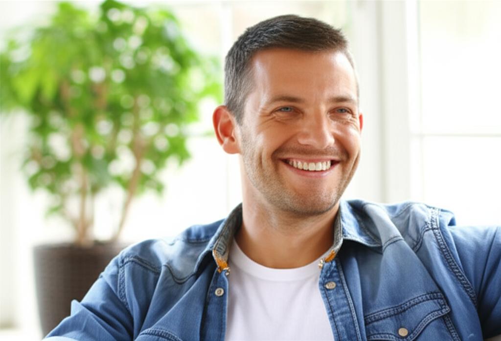 A smiling man looking healthy and confident in a relaxed setting, representing positive results from a natural supplement.