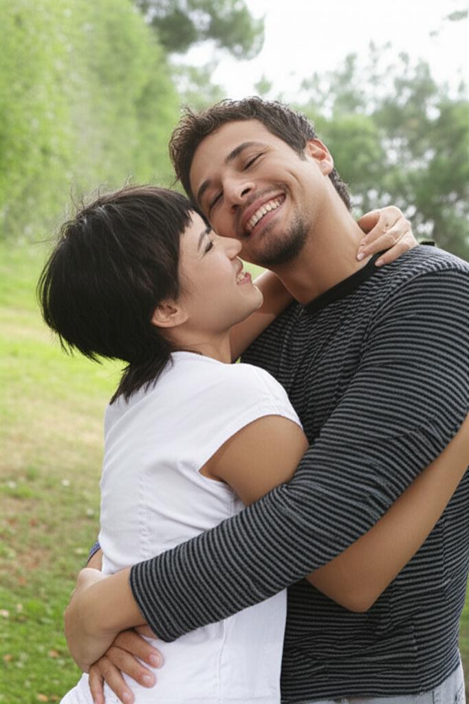 Smiling man confidently embracing his partner in a natural, relaxed setting, illustrating improved intimacy after finding a solution.