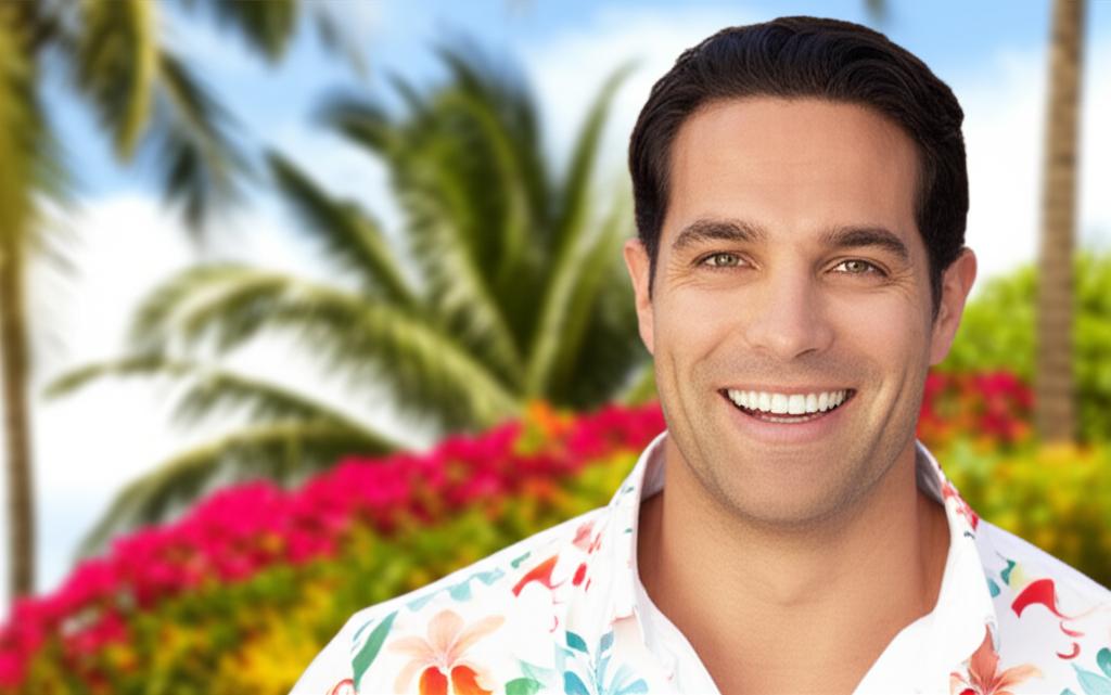 A man smiling confidently in a vibrant, tropical setting, looking healthy and relaxed.
