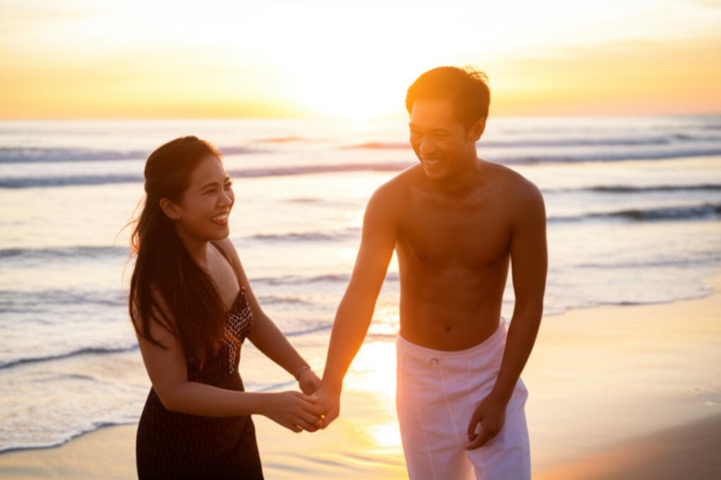 A happy Thai couple laughing and holding hands on a beach at sunset, warm colors, joyful mood, realistic photo