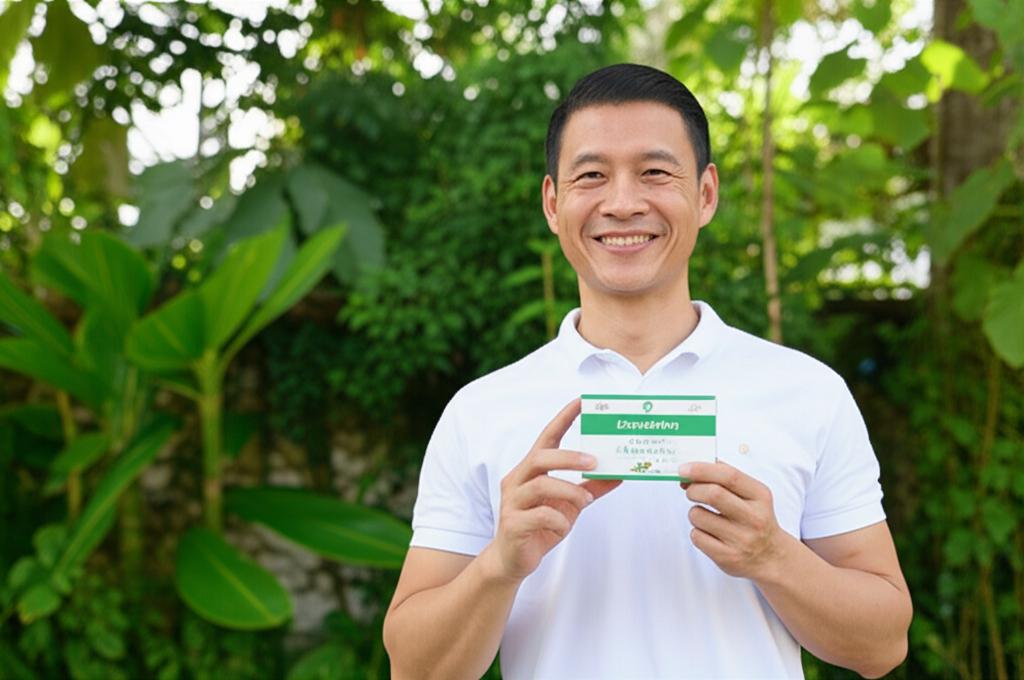 AI prompt: A smiling middle-aged Asian man looking energetic and confident, standing in a sunny outdoor setting in Thailand, holding a small box of supplements, realistic photo