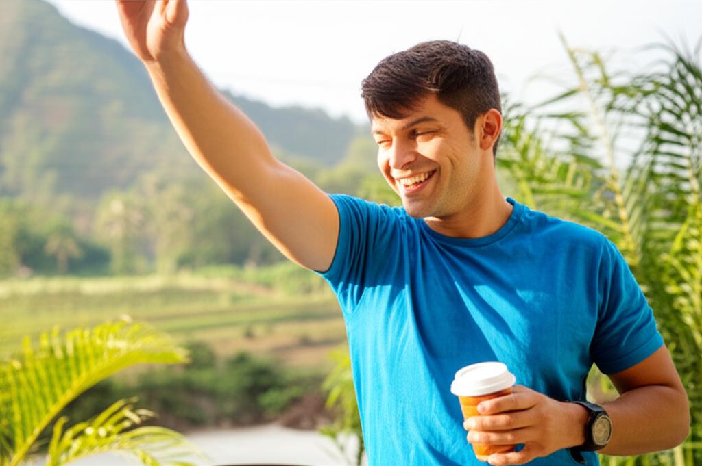 AI prompt: A man, similar to the first image but smiling and looking more energetic, perhaps doing some light exercise or enjoying a warm drink outdoors in Thailand. Brighter, warmer lighting.