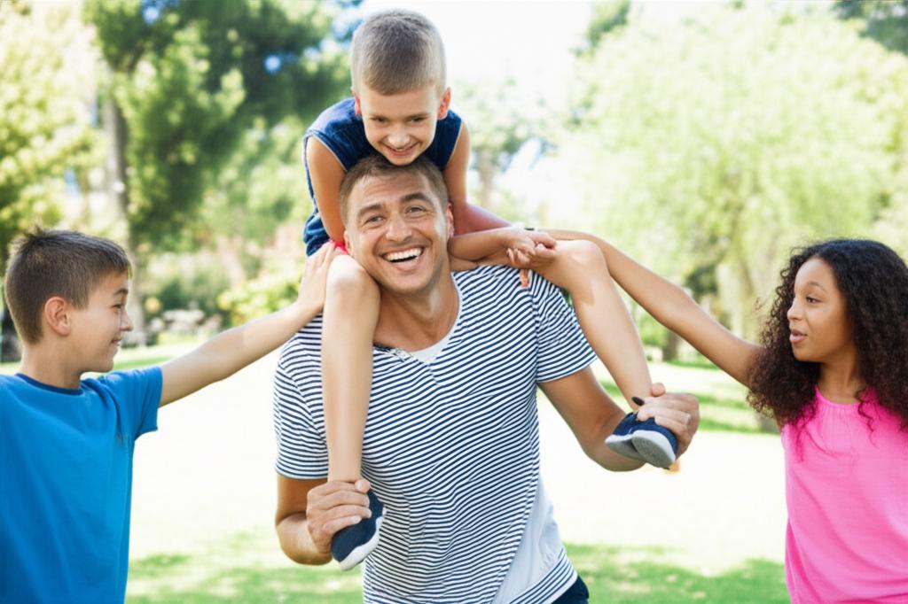 A man in his early 40s, smiling and energetic, playing with his children in a park, conveying vitality and happiness.