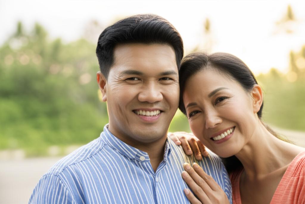 A middle-aged Thai man smiling confidently, looking energetic and happy, perhaps with his arm around his wife, warm colors, realistic photo