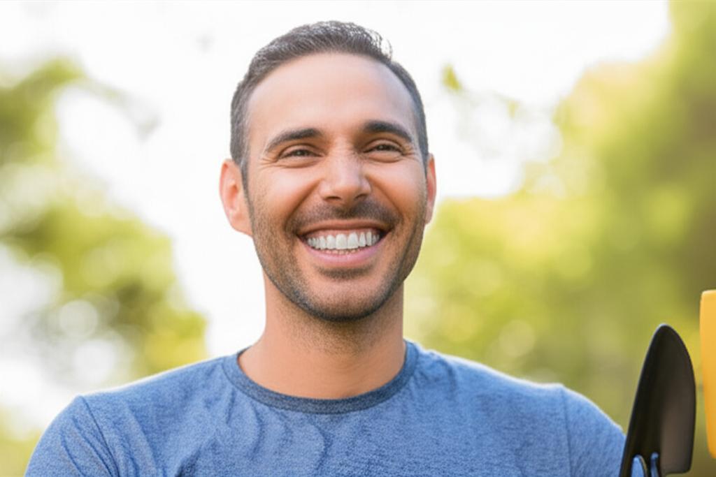 Prompt for AI image: A man smiling and looking energetic, perhaps enjoying an activity outdoors like cycling or gardening, representing improved health and vitality.