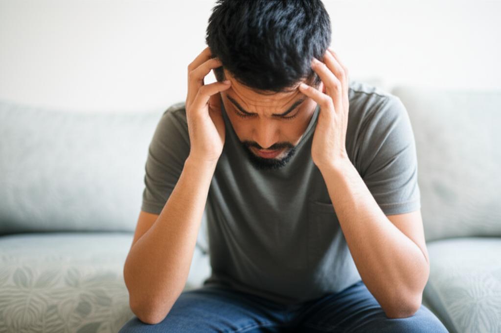 A man sitting on a sofa looking tired and frustrated, holding his head in his hands, feeling drained despite seeking help.