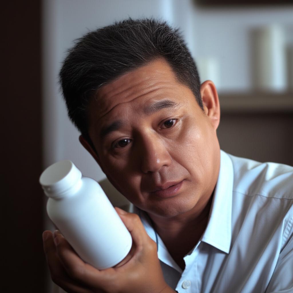 A middle-aged Asian man looking tired and stressed, contemplating a bottle of pills, soft lighting, realistic style.