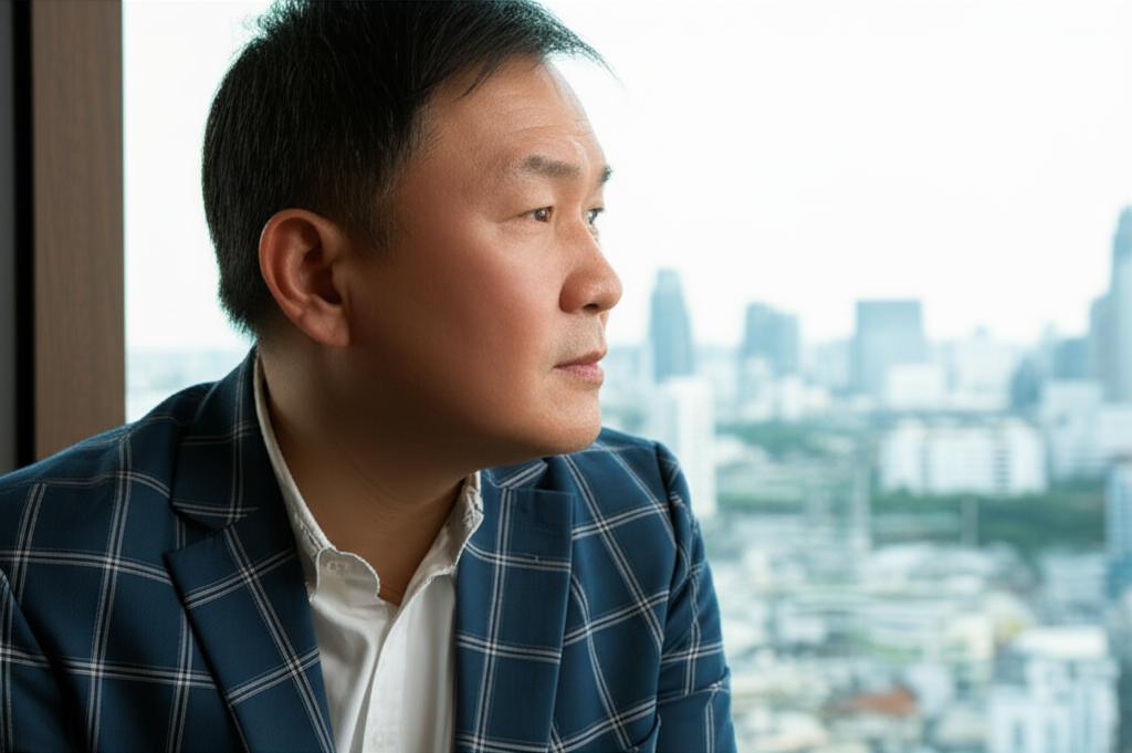 AI prompt: A thoughtful Asian man in his late 40s or early 50s looking out a window, contemplating his health and future, city view of Bangkok in the background, realistic photo style