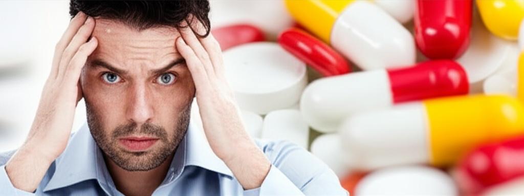 AI prompt: A man looking frustrated while holding his head, with a blurred image of pills in the background, representing the side effects of temporary solutions.