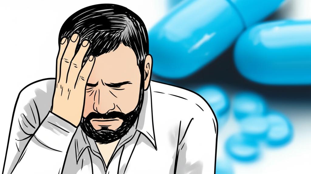 Illustration of a man looking tired or frustrated, perhaps holding his head, with a blurred blue pill in the background, representing the negative side effects of Sildenafil.