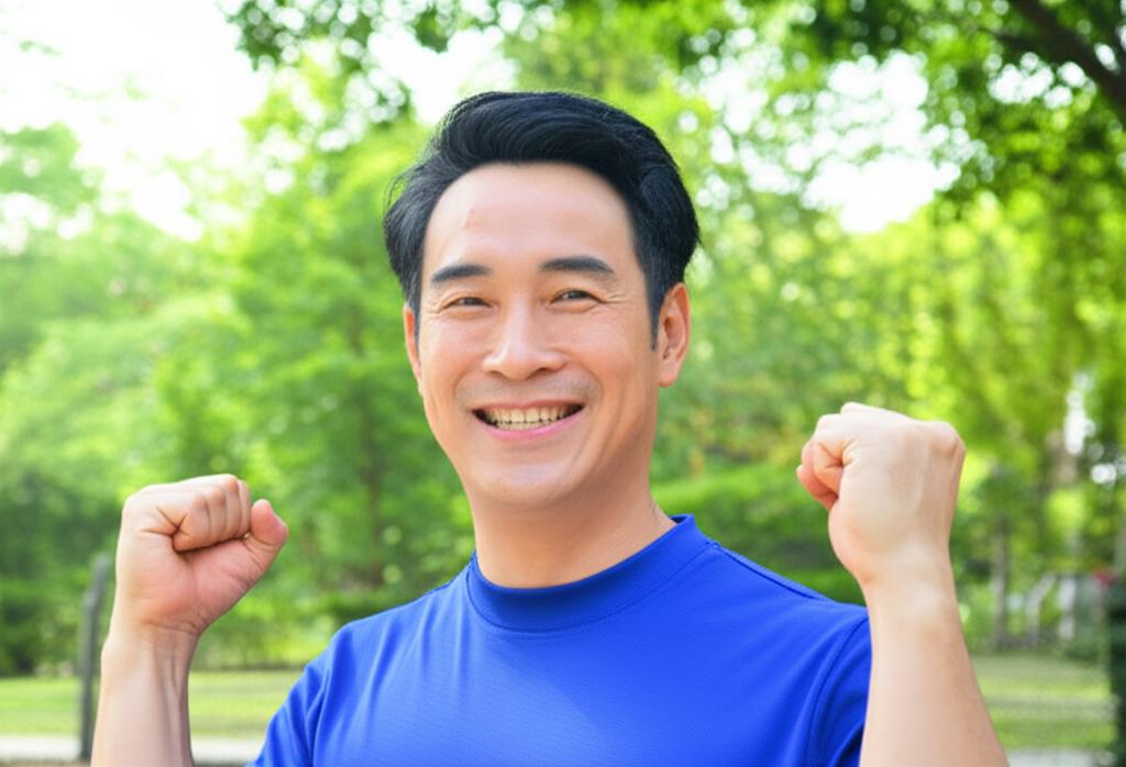 A middle-aged Asian man smiling confidently and looking energetic, standing outdoors in a sunny park, representing restored vitality.
