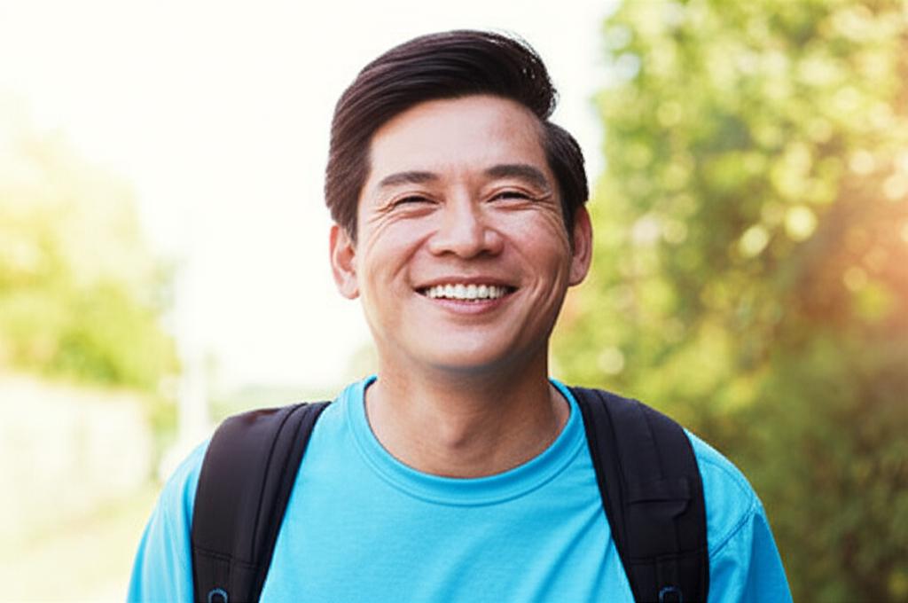 A middle-aged Asian man looking energetic and happy, perhaps enjoying a morning walk or engaging in a hobby, bright and positive atmosphere, realistic style.