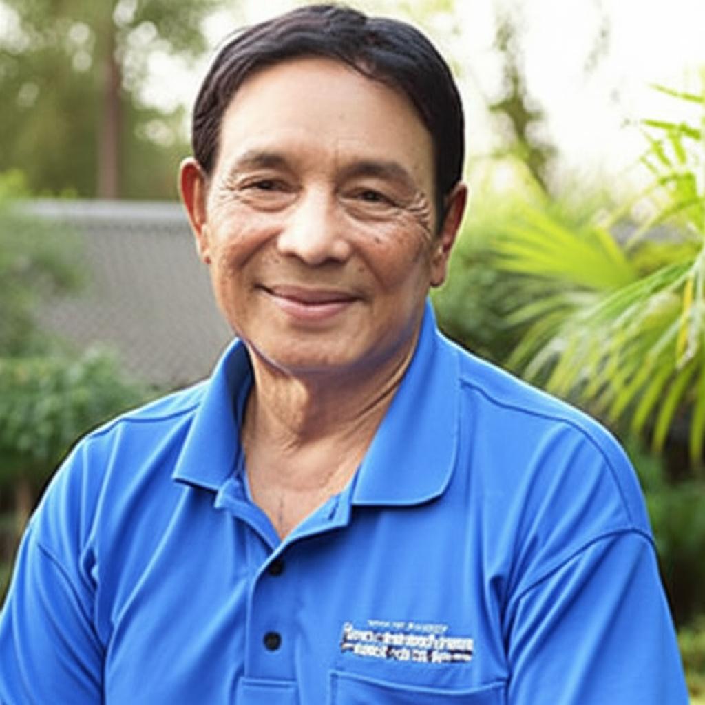 AI prompt: A confident and smiling Thai man in his late 50s enjoying a casual moment outdoors, perhaps near a temple or garden in Thailand, realistic photo style