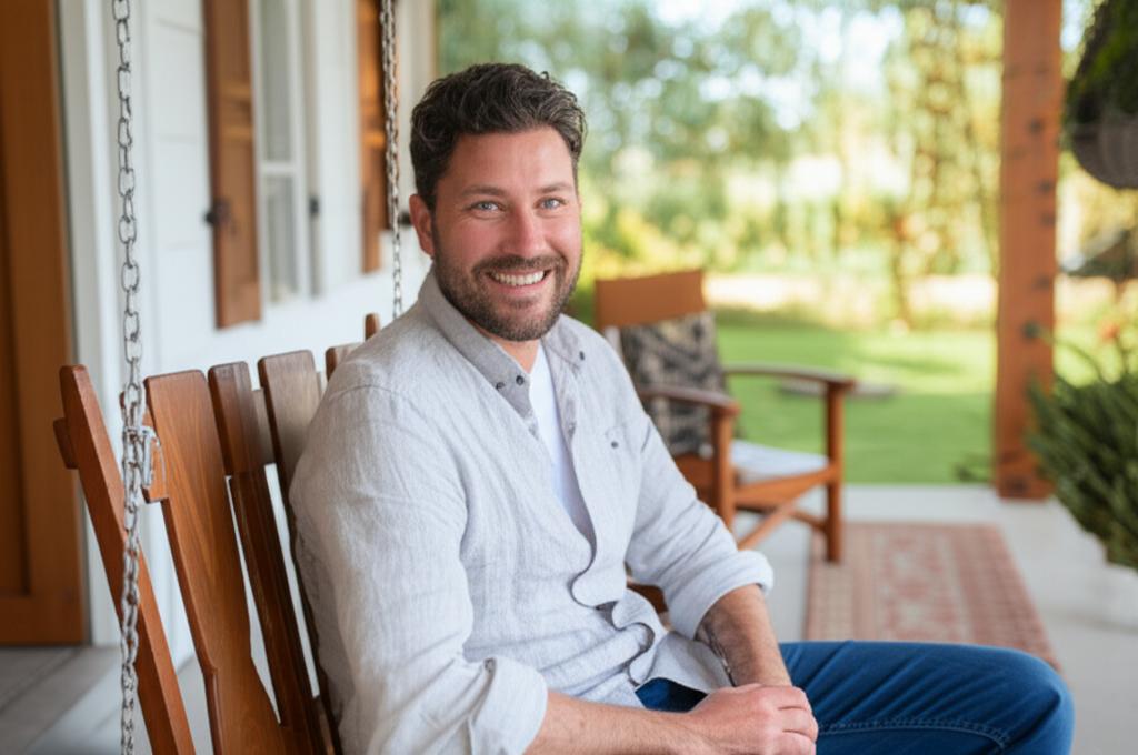 AI prompt: A man smiling confidently in a relaxed pose, perhaps outdoors or in a comfortable home setting, representing natural vitality and confidence.