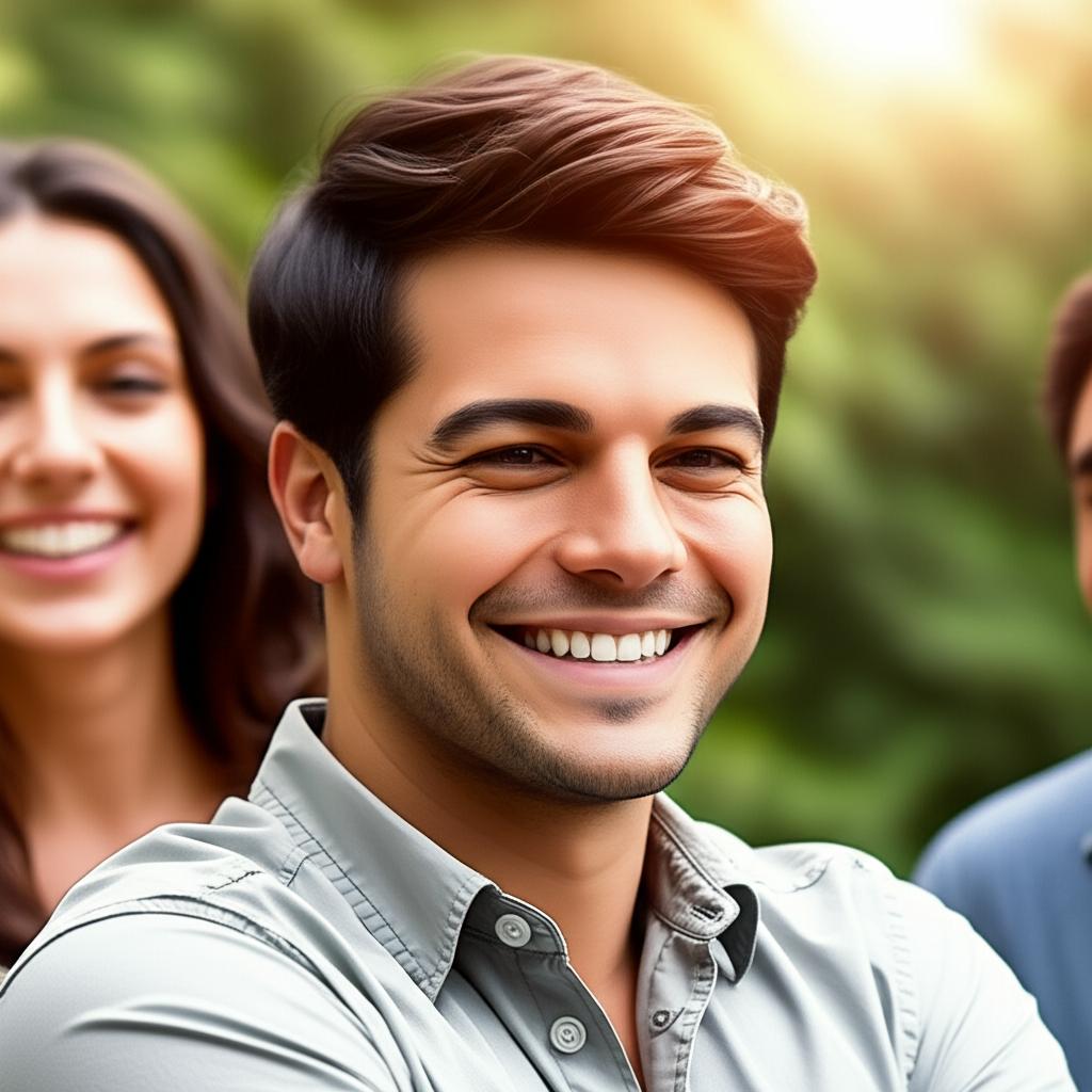 Illustration of a man looking confident and happy, perhaps with a partner smiling in the background, in a warm, natural setting, symbolizing the positive results of using a natural solution.